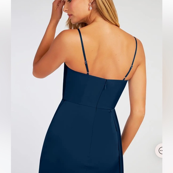 AZAZIE BONA Stretch Dark Navy A-Line V-Neck Pleated Stretch Satin - Picture 4 of 16